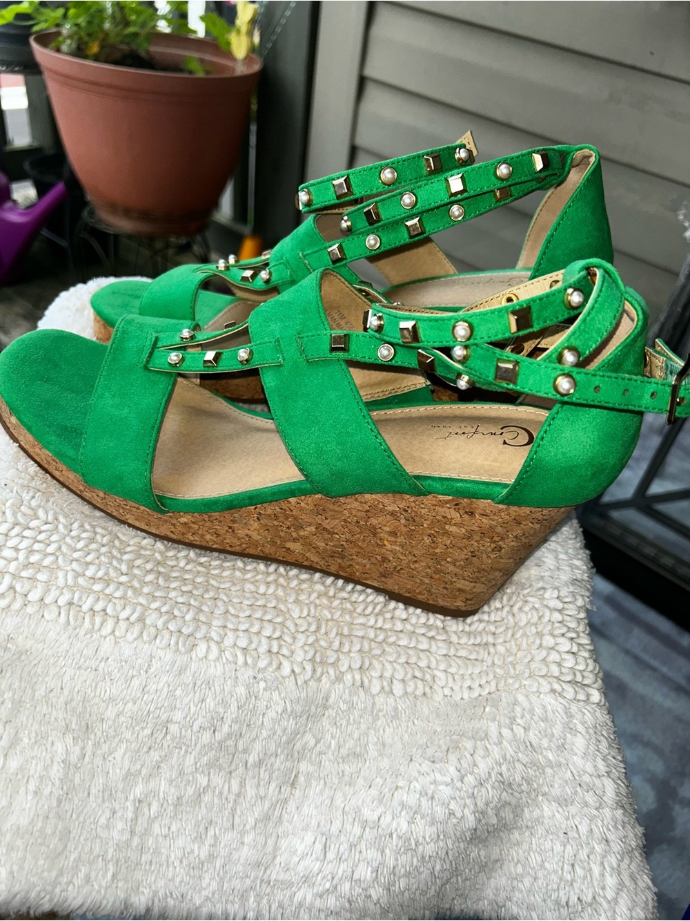 Studded Green Suede Cork Wedge Sandals - Women